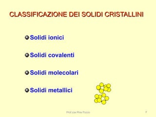 CLASSIFICAZIONE DEI SOLIDI CRISTALLINICLASSIFICAZIONE DEI SOLIDI CRISTALLINI
Solidi ionici
Solidi covalenti
Solidi molecolari
Solidi metallici
Prof.ssa Pina RussoProf.ssa Pina Russo 77
 