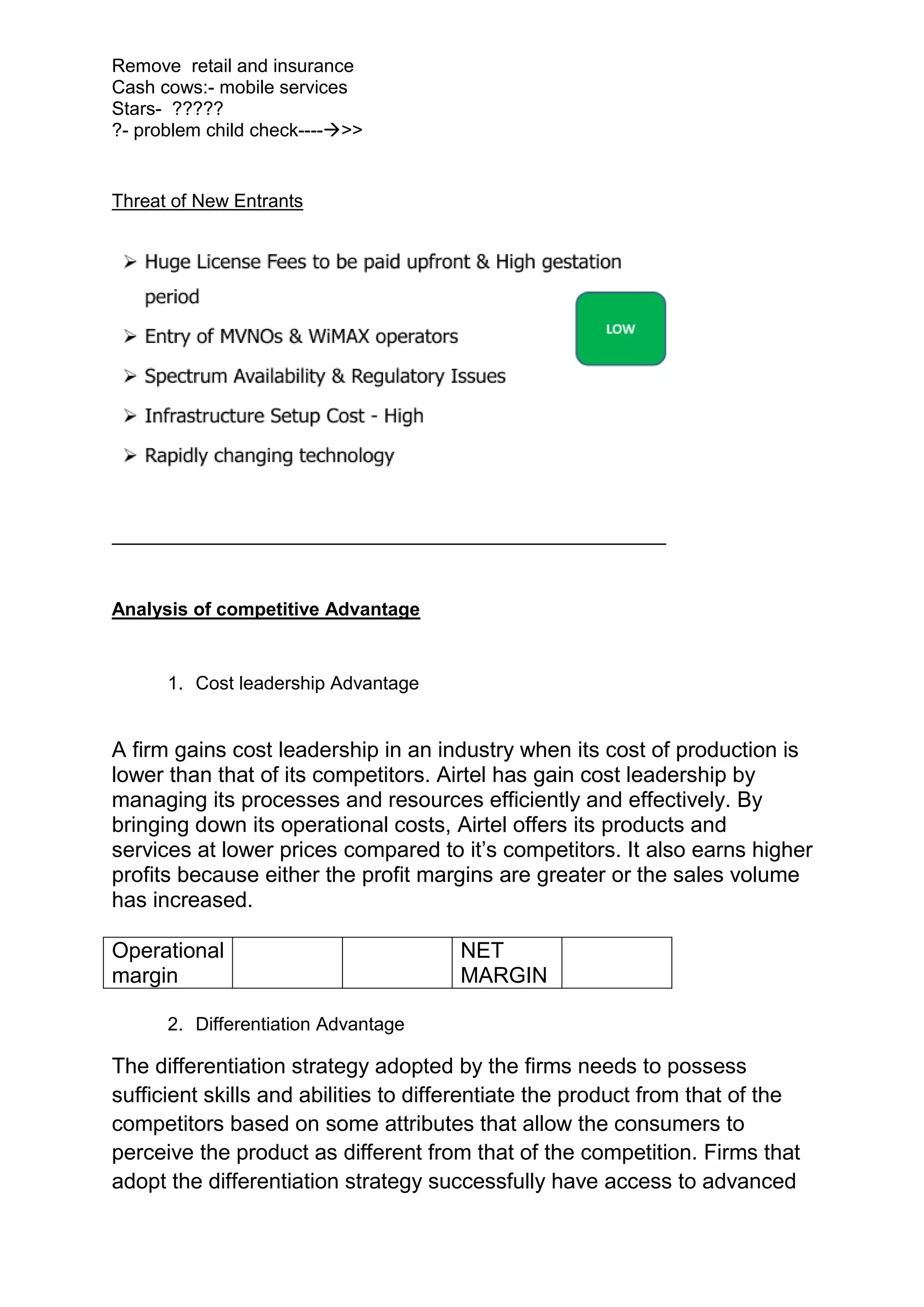Remove retail and insurance
Cash cows:- mobile services
Stars- ?????
?- problem child check---->>


Threat of New Entrants




Analysis of competitive Advantage


      1. Cost leadership Advantage


A firm gains cost leadership in an industry when its cost of production is
lower than that of its competitors. Airtel has gain cost leadership by
managing its processes and resources efficiently and effectively. By
bringing down its operational costs, Airtel offers its products and
services at lower prices compared to it’s competitors. It also earns higher
profits because either the profit margins are greater or the sales volume
has increased.

Operational                            NET
margin                                 MARGIN

      2. Differentiation Advantage

The differentiation strategy adopted by the firms needs to possess
sufficient skills and abilities to differentiate the product from that of the
competitors based on some attributes that allow the consumers to
perceive the product as different from that of the competition. Firms that
adopt the differentiation strategy successfully have access to advanced
 