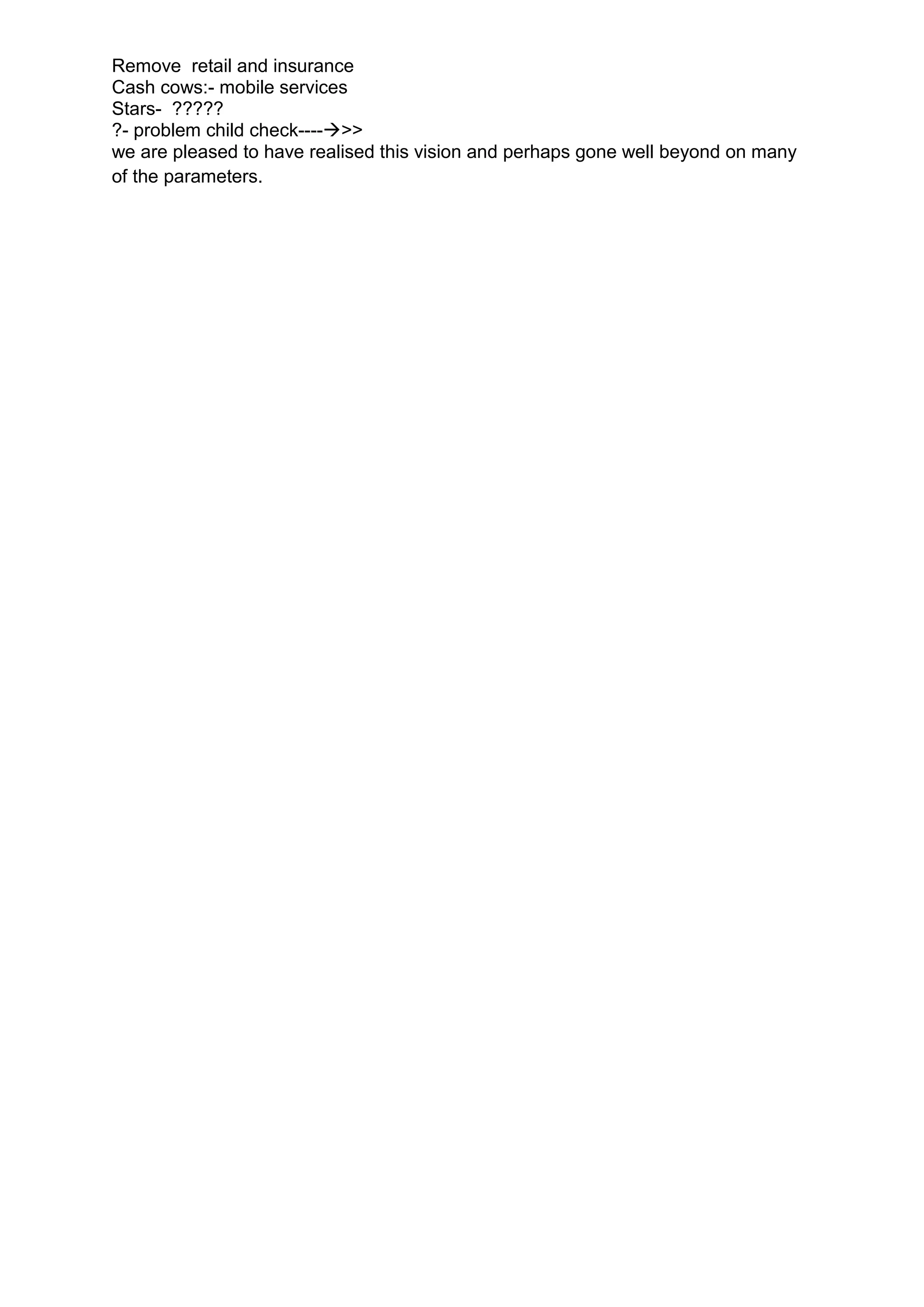 Remove retail and insurance
Cash cows:- mobile services
Stars- ?????
?- problem child check---->>
we are pleased to have realised this vision and perhaps gone well beyond on many
of the parameters.




“               In 200          “In 2005, we created a vision to be the Most Admired Brand in



India, Loved by More Customers, Targeted by Top Talent and
Benchmarked by More Businesses. In 2010, we are pleased to
have realised this vision and perhaps gone well beyond on
many of the parameters 5, we created a vision to be the Most Admired Brand in
India, Loved by More Customers, Targeted by Top Talent and
Benchmarked by More Businesses. In 2010, we are pleased to
have realised this vision and perhaps gone well beyond on
many of the parameters
 