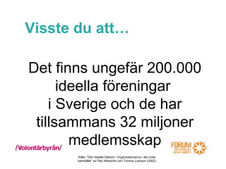 Visste du att… Det finns ungefär 200.000 ideella föreningar  i Sverige och de har tillsammans 32 miljoner medlemsskap Källa: ”Den Ideella Sektorn. Organisationerna i det civila samhället” av Filip Wikström och Tommy Larsson (2002) 