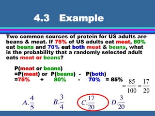 4.3 Example
Two common sources of protein for US adults are
beans & meat. If 75% of US adults eat meat, 80%
eat beans and 70% eat both meat & beans, what
is the probability that a randomly selected adult
eats meat or beans?
P(meat or beans)
=P(meat) or P(beans) - P(both)
=75% + 80% - 70% = 85%
20
17
100
85


 