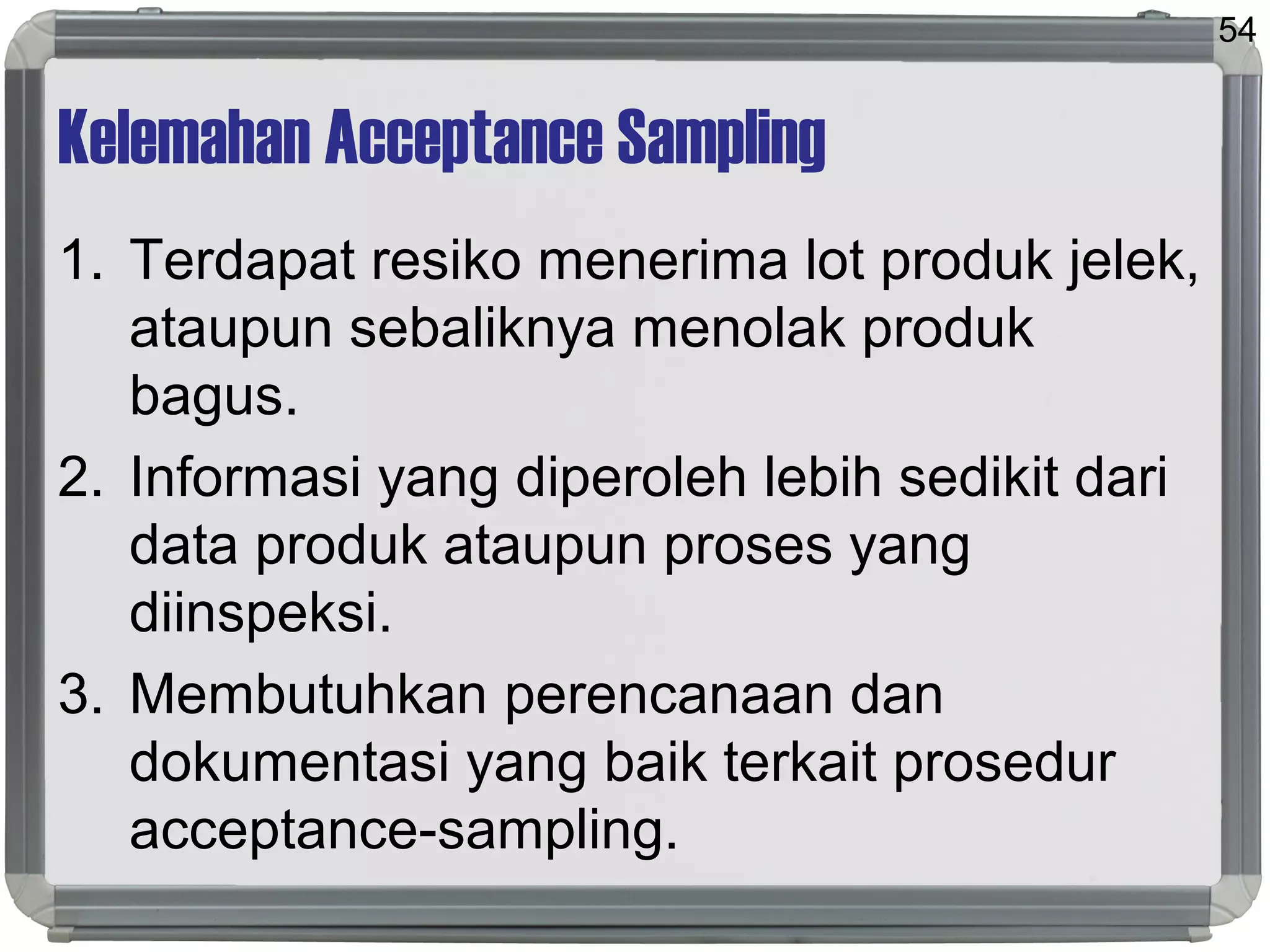 Kelemahan Acceptance Sampling
1. Terdapat resiko menerima lot produk jelek,
ataupun sebaliknya menolak produk
bagus.
2. Informasi yang diperoleh lebih sedikit dari
data produk ataupun proses yang
diinspeksi.
3. Membutuhkan perencanaan dan
dokumentasi yang baik terkait prosedur
acceptance-sampling.
54
 