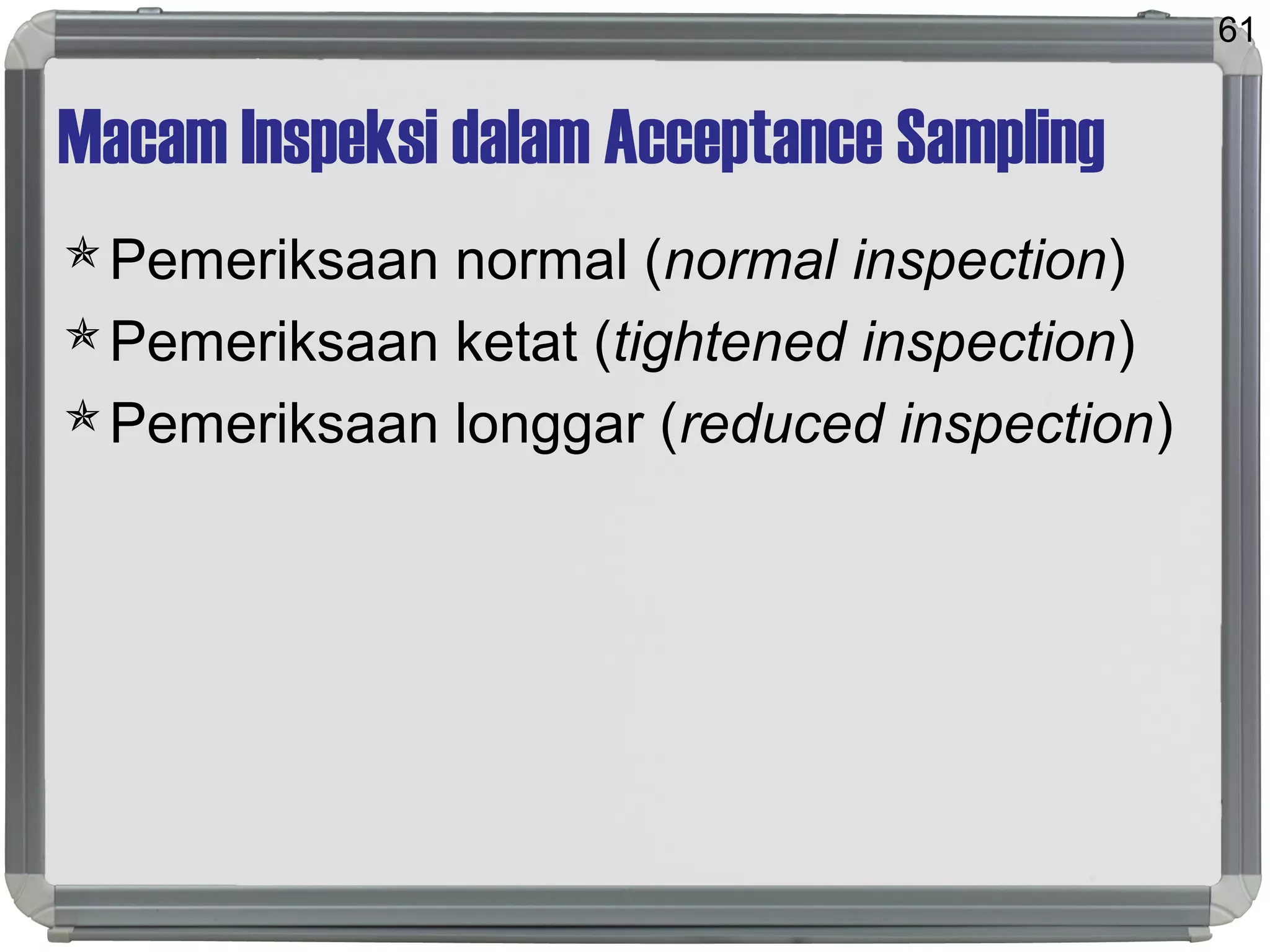 Macam Inspeksi dalam Acceptance Sampling
Pemeriksaan normal (normal inspection)
Pemeriksaan ketat (tightened inspection)
Pemeriksaan longgar (reduced inspection)
61
 