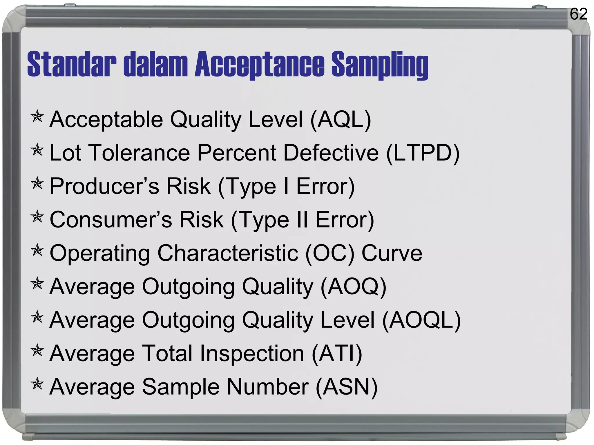 Standar dalam Acceptance Sampling
Acceptable Quality Level (AQL)
Lot Tolerance Percent Defective (LTPD)
Producer’s Risk (Type I Error)
Consumer’s Risk (Type II Error)
Operating Characteristic (OC) Curve
Average Outgoing Quality (AOQ)
Average Outgoing Quality Level (AOQL)
Average Total Inspection (ATI)
Average Sample Number (ASN)
62
 