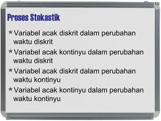 Proses Stokastik
Variabel acak diskrit dalam perubahan
waktu diskrit
Variabel acak kontinyu dalam perubahan
waktu diskrit
Variabel acak diskrit dalam perubahan
waktu kontinyu
Variabel acak kontinyu dalam perubahan
waktu kontinyu
19
 
