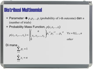 Distribusi Multinomial
 Parameter  p1,p2,...,pk (probability of i-th outcome) dan n
(number of trials)
 Probability Mass Function, p(x1,x2,...,xk)
Di mana
41





=∀





=
other
nxppp
xxx
n
xxxp
xk
k
xx
kk
0
,...,1,0
,...,,),...,,(
2
2
1
1
2121

nx
p
k
i
i
k
i
i
=
=
∑
∑
=
=
1
1
1
 