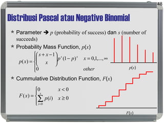 Distribusi Pascal atau Negative Binomial
 Parameter  p (probability of success) dan s (number of
succeeds)
 Probability Mass Function, p(x)
 Cummulative Distribution Function, F(x)
48





∞=−




 −+
=
other
xpp
x
xs
xp
xs
0
,...,1,0)1(
1
)(
p(x)
F(x)




≥
<
=
∑=
0)(
00
)(
0
xip
x
xF
x
i
 