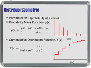 Distribusi Geometric
 Parameter  p (probability of success)
 Probability Mass Function, p(x)
 Cummulative Distribution Function, F(x)
56


 ∞=−
=
other
xpp
xp
x
0
,...,1,0)1.(
)(
p(x)
F(x)



≥−−
<
= +
0)1(1
00
)( 1
xp
x
xF x
 