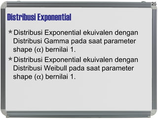Distribusi Exponential
Distribusi Exponential ekuivalen dengan
Distribusi Gamma pada saat parameter
shape (α) bernilai 1.
Distribusi Exponential ekuivalen dengan
Distribusi Weibull pada saat parameter
shape (α) bernilai 1.
25
 