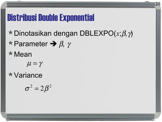 Distribusi Double Exponential
Dinotasikan dengan DBLEXPO(x;β,γ)
Parameter  β, γ
Mean
Variance
28
γµ =
22
2βσ =
 