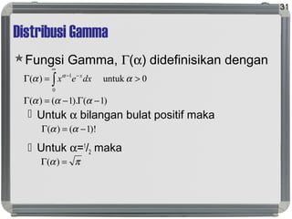 Distribusi Gamma
Fungsi Gamma, Γ(α) didefinisikan dengan
 Untuk α bilangan bulat positif maka
 Untuk α=1
/2 maka
31
)1().1()(
0untuk)(
0
1
−Γ−=Γ
>=Γ ∫
∞
−−
ααα
αα α
dxex x
)!1()( −=Γ αα
πα =Γ )(
 