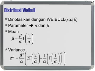Distribusi Weibull
Dinotasikan dengan WEIBULL(x;α,β)
Parameter  α dan β
Mean
Variance
47






Γ=
αα
β
µ
1




















Γ−





Γ=
22
2 112
2
αααα
β
σ
 