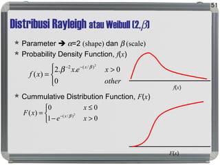 Distribusi Rayleigh atau Weibull (2,β)
 Parameter  α=2 (shape) dan β (scale)
 Probability Density Function, f(x)
 Cummulative Distribution Function, F(x)
51



 >
=
−−
other
xex
xf
x
0
0..2
)(
2
)/(2 β
β
f(x)
F(x)



>−
≤
= −
01
00
)( 2
)/(
xe
x
xF x β
 