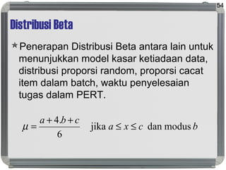 Distribusi Beta
Penerapan Distribusi Beta antara lain untuk
menunjukkan model kasar ketiadaan data,
distribusi proporsi random, proporsi cacat
item dalam batch, waktu penyelesaian
tugas dalam PERT.
54
bcxa
cba
modusdanjika
6
.4
≤≤
++
=µ
 