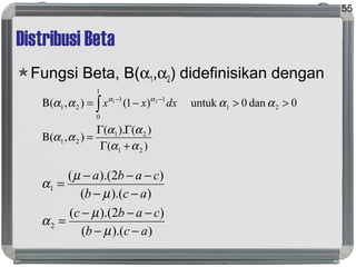 Distribusi Beta
Fungsi Beta, B(α1,α2) didefinisikan dengan
55
)(
)().(
),(
0dan0untuk)1(),(
21
21
21
21
1
0
11
21
21
αα
αα
αα
αααα αα
+Γ
ΓΓ
=Β
>>−=Β ∫
−−
dxxx
)).((
)2).((
)).((
)2).((
2
1
acb
cabc
acb
caba
−−
−−−
=
−−
−−−
=
µ
µ
α
µ
µ
α
 
