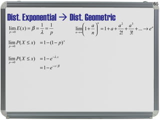 Dist. Exponential  Dist. Geometric
65
p
xE
p
11
)(lim
0
===
→ λ
β
β
λ
/
.
0
0
1
1)(lim
)1(1)(lim
x
x
p
x
p
e
exXP
pxXP
−
−
→
→
−=
−=≤
−−=≤
a
n
n
e
aa
a
n
a
→++++=





+
∞→
...
!3!2
11lim
32
 