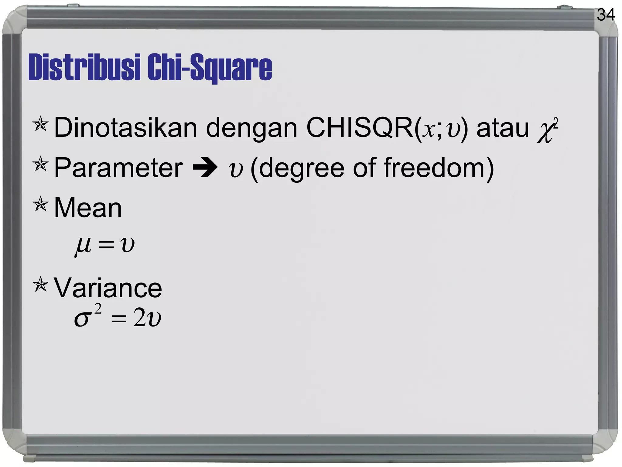 Distribusi Chi-Square
Dinotasikan dengan CHISQR(x;υ) atau χ2
Parameter  υ (degree of freedom)
Mean
Variance
34
υµ =
υσ 22
=
 