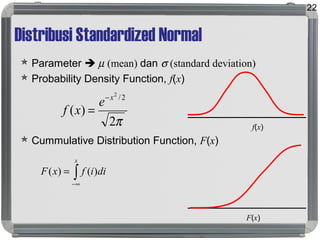 Distribusi Standardized Normal
 Parameter  µ (mean) dan σ (standard deviation)
 Probability Density Function, f(x)
 Cummulative Distribution Function, F(x)
22
π2
)(
2/2
x
e
xf
−
=
f(x)
F(x)
∫∞−
=
x
diifxF )()(
 