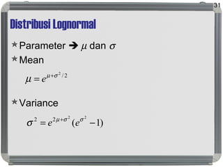 Distribusi Lognormal
Parameter  µ dan σ
Mean
Variance
31
2/2
σµ
µ +
= e
)1(
22
22
−= + σσµ
σ ee
 