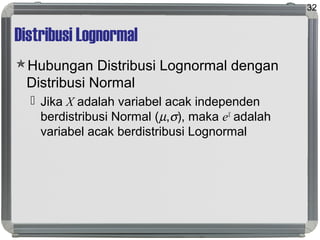 Distribusi Lognormal
Hubungan Distribusi Lognormal dengan
Distribusi Normal
 Jika X adalah variabel acak independen
berdistribusi Normal (µ,σ), maka eX
adalah
variabel acak berdistribusi Lognormal
32
 