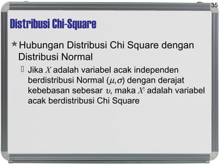 Distribusi Chi-Square
Hubungan Distribusi Chi Square dengan
Distribusi Normal
 Jika X adalah variabel acak independen
berdistribusi Normal (µ,σ) dengan derajat
kebebasan sebesar υ, maka X2
adalah variabel
acak berdistribusi Chi Square
35
 