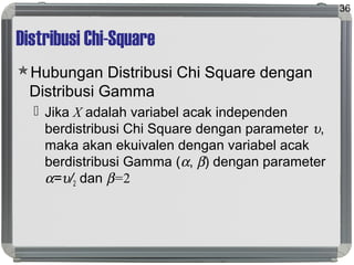 Distribusi Chi-Square
Hubungan Distribusi Chi Square dengan
Distribusi Gamma
 Jika X adalah variabel acak independen
berdistribusi Chi Square dengan parameter υ,
maka akan ekuivalen dengan variabel acak
berdistribusi Gamma (α, β) dengan parameter
α=υ/2 dan β=2
36
 