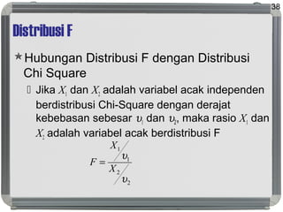 Distribusi F
Hubungan Distribusi F dengan Distribusi
Chi Square
 Jika X1 dan X2 adalah variabel acak independen
berdistribusi Chi-Square dengan derajat
kebebasan sebesar υ1 dan υ2, maka rasio X1 dan
X2 adalah variabel acak berdistribusi F
38
2
2
1
1
υ
υ
X
X
F =
 