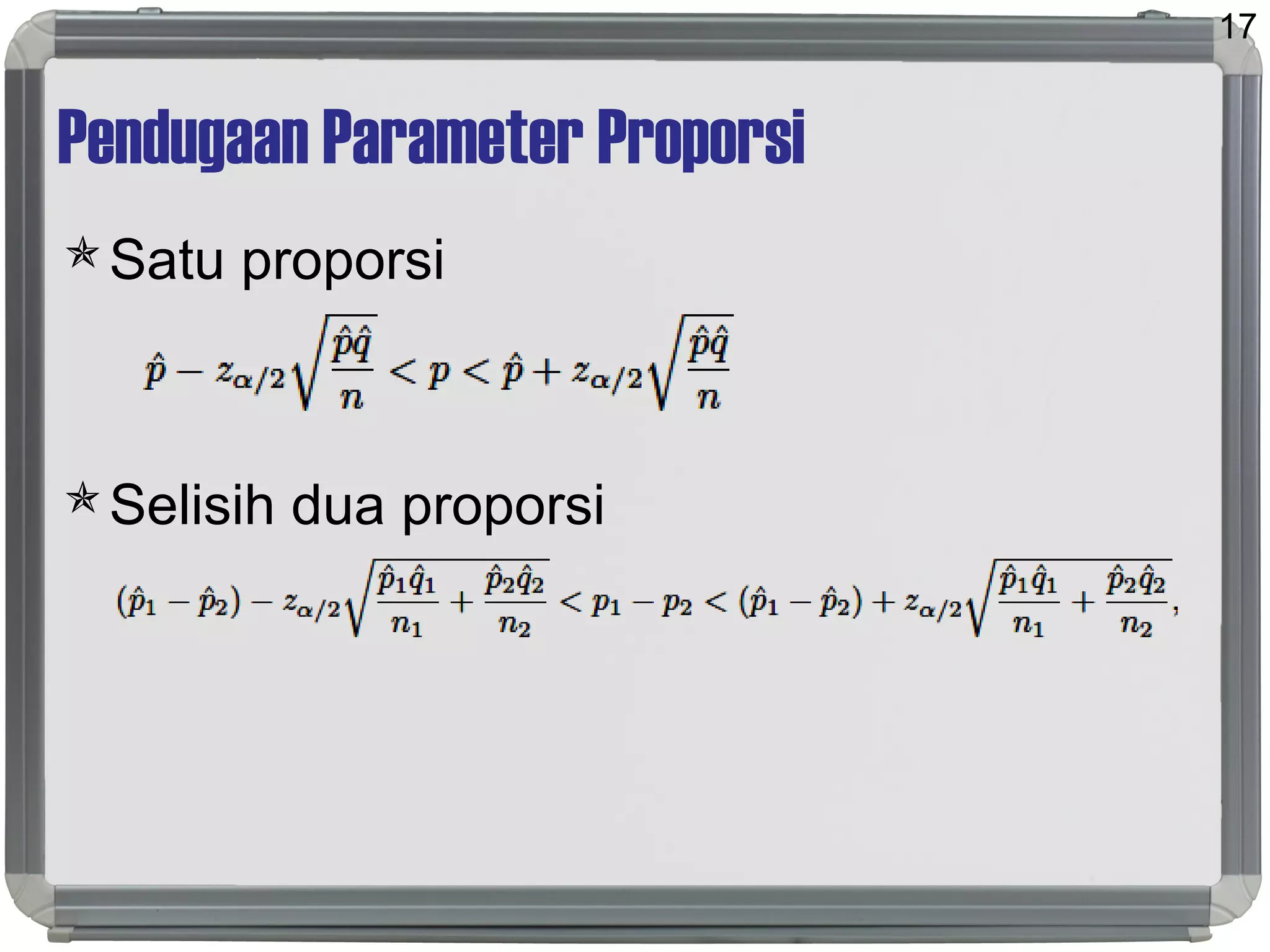 Pendugaan Parameter Proporsi
Satu proporsi
Selisih dua proporsi
17
 