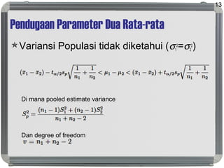 Pendugaan Parameter Dua Rata-rata
Variansi Populasi tidak diketahui (σ1
2
=σ2
2
)
Di mana pooled estimate variance
Dan degree of freedom
13
 