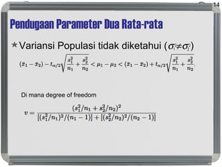 Pendugaan Parameter Dua Rata-rata
Variansi Populasi tidak diketahui (σ1
2
≠σ2
2
)
Di mana degree of freedom
14
 