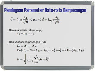 Pendugaan Parameter Rata-rata Berpasangan
Di mana selisih rata-rata (µD)
Dan variansi berpasangan (Sd)
15
 