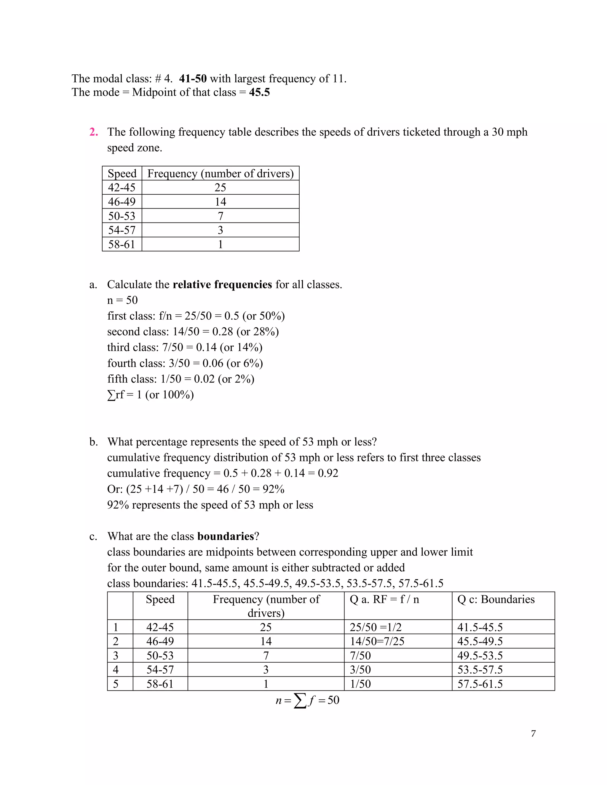 7
The modal class: # 4. 41-50 with largest frequency of 11.
The mode = Midpoint of that class = 45.5
2. The following frequency table describes the speeds of drivers ticketed through a 30 mph
speed zone.
Speed Frequency (number of drivers)
42-45 25
46-49 14
50-53 7
54-57 3
58-61 1
a. Calculate the relative frequencies for all classes.
n = 50
first class: f/n = 25/50 = 0.5 (or 50%)
second class: 14/50 = 0.28 (or 28%)
third class: 7/50 = 0.14 (or 14%)
fourth class: 3/50 = 0.06 (or 6%)
fifth class: 1/50 = 0.02 (or 2%)
∑rf = 1 (or 100%)
b. What percentage represents the speed of 53 mph or less?
cumulative frequency distribution of 53 mph or less refers to first three classes
cumulative frequency = 0.5 + 0.28 + 0.14 = 0.92
Or: (25 +14 +7) / 50 = 46 / 50 = 92%
92% represents the speed of 53 mph or less
c. What are the class boundaries?
class boundaries are midpoints between corresponding upper and lower limit
for the outer bound, same amount is either subtracted or added
class boundaries: 41.5-45.5, 45.5-49.5, 49.5-53.5, 53.5-57.5, 57.5-61.5
Speed Frequency (number of
drivers)
Q a. RF = f / n Q c: Boundaries
1 42-45 25 25/50 =1/2 41.5-45.5
2 46-49 14 14/50=7/25 45.5-49.5
3 50-53 7 7/50 49.5-53.5
4 54-57 3 3/50 53.5-57.5
5 58-61 1 1/50 57.5-61.5
50
n f
= =

 