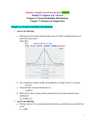 1
Statistics, Sample Test (Exam Review) Solution
Module 3: Chapters 6 & 7 Review
Chapter 6: Normal Probability Distributions
Chapter 7: Estimates & Sample Sizes
Chapter 6: Normal Probability Distributions
1. Answer the following:
a. What percent of normally distributed data value lie within 2 standard deviations to
either side of the mean?
About 95%
Or: Answer: P (-2 < z < 2) =
P (2) – P (-2) = 0.9772 – 0.0228 = 0.9544 or 95.44%
b. For a continuous random variable, the probability of a single value of x is always
Zero (0)
c. The parameters of normal distribution are:
 and  .
d. What are the values of mean and the standard deviation for the standard normal
distribution?
0
 = and 1
 =
2. Answer the following:
a. Find the value of z for a standard normal distribution, such that the area in the left tail
is 0.05
z = –1.645
 