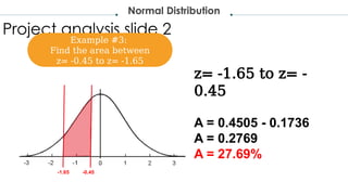 Project analysis slide 2
Normal Distribution
z= -1.65 to z= -
0.45
A = 0.4505 - 0.1736
A = 0.2769
A = 27.69%
Example #3:
Find the area between
z= -0.45 to z= -1.65
-1.65 -0.45
 