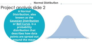 Project analysis slide 2
Normal Distribution
A Normal
Distribution, also
known as the
Gaussian Distribution
or Bell Curve, is a
probability
distribution that
describes how data
points are spread out
around the mean.
 