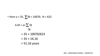 • Here a = 35, fd = 10070, N = 623
A.M = a+ fd
N
= 35 + 10070/623
= 35 + 16.16
= 51.16 years
AM – CONTINOUS SERIES – SHORTCUT
 
