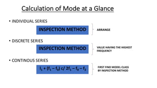 Calculation of Mode at a Glance
• INDIVIDUAL SERIES
• DISCRETE SERIES
• CONTINOUS SERIES
INSPECTION METHOD
INSPECTION METHOD
l1 + (f1 – f0) c/ 2f1 – f0 – f2
ARRANGE
VALUE HAVING THE HIGHEST
FREQUENCY
FIRST FIND MODEL CLASS
BY INSPECTION METHOD
 