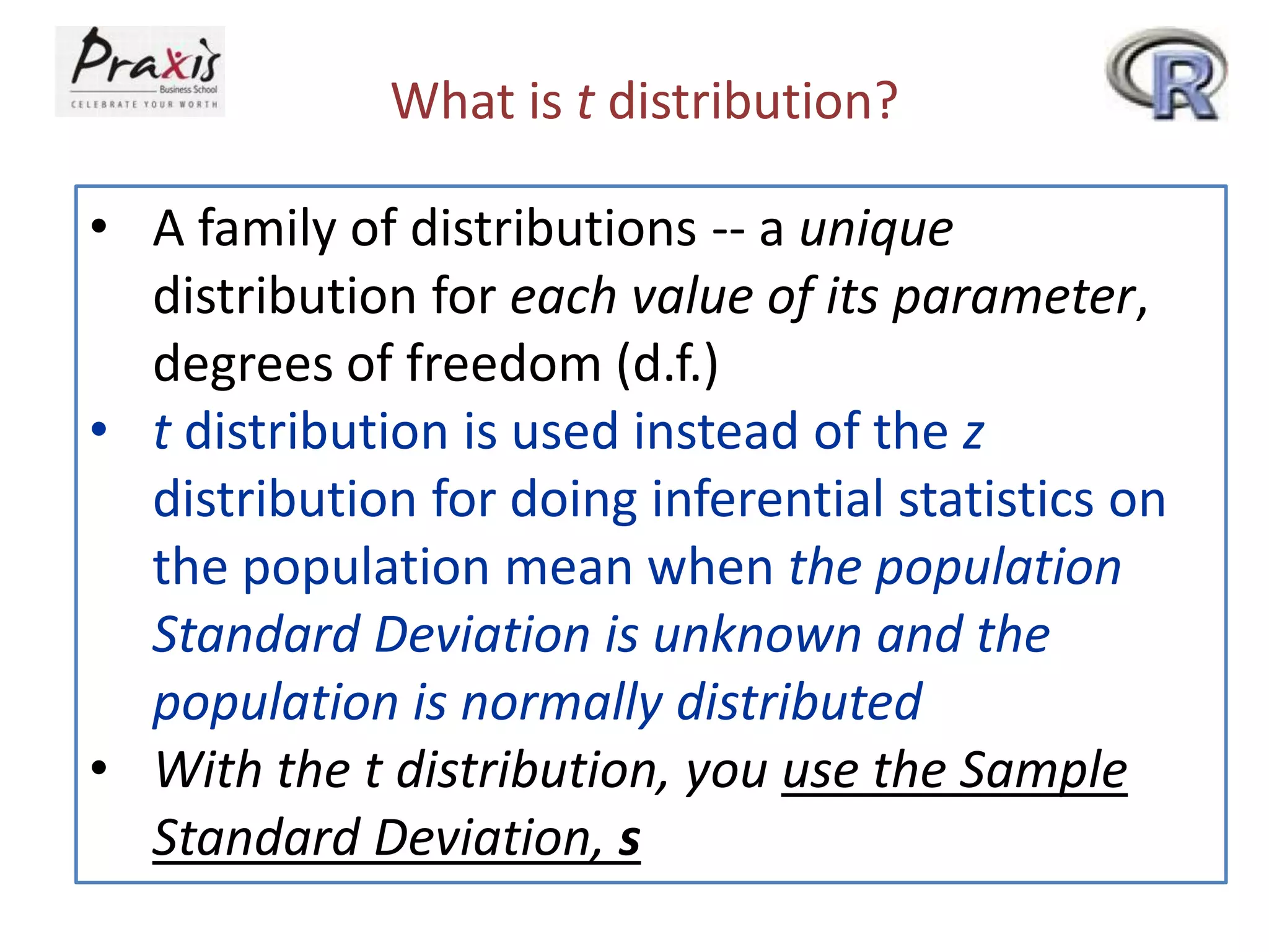 What is t distribution?
• A family of distributions -- a unique
distribution for each value of its parameter,
degrees of freedom (d.f.)
• t distribution is used instead of the z
distribution for doing inferential statistics on
the population mean when the population
Standard Deviation is unknown and the
population is normally distributed
• With the t distribution, you use the Sample
Standard Deviation, s

 
