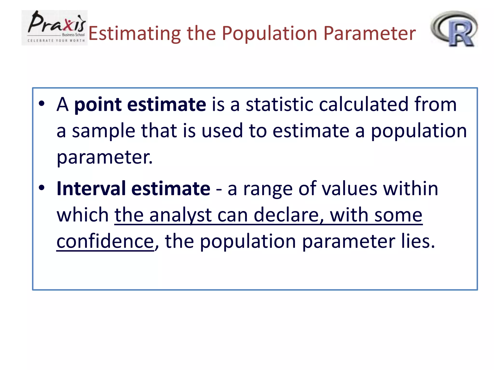 Estimating the Population Parameter
• A point estimate is a statistic calculated from
a sample that is used to estimate a population
parameter.
• Interval estimate - a range of values within
which the analyst can declare, with some
confidence, the population parameter lies.

 