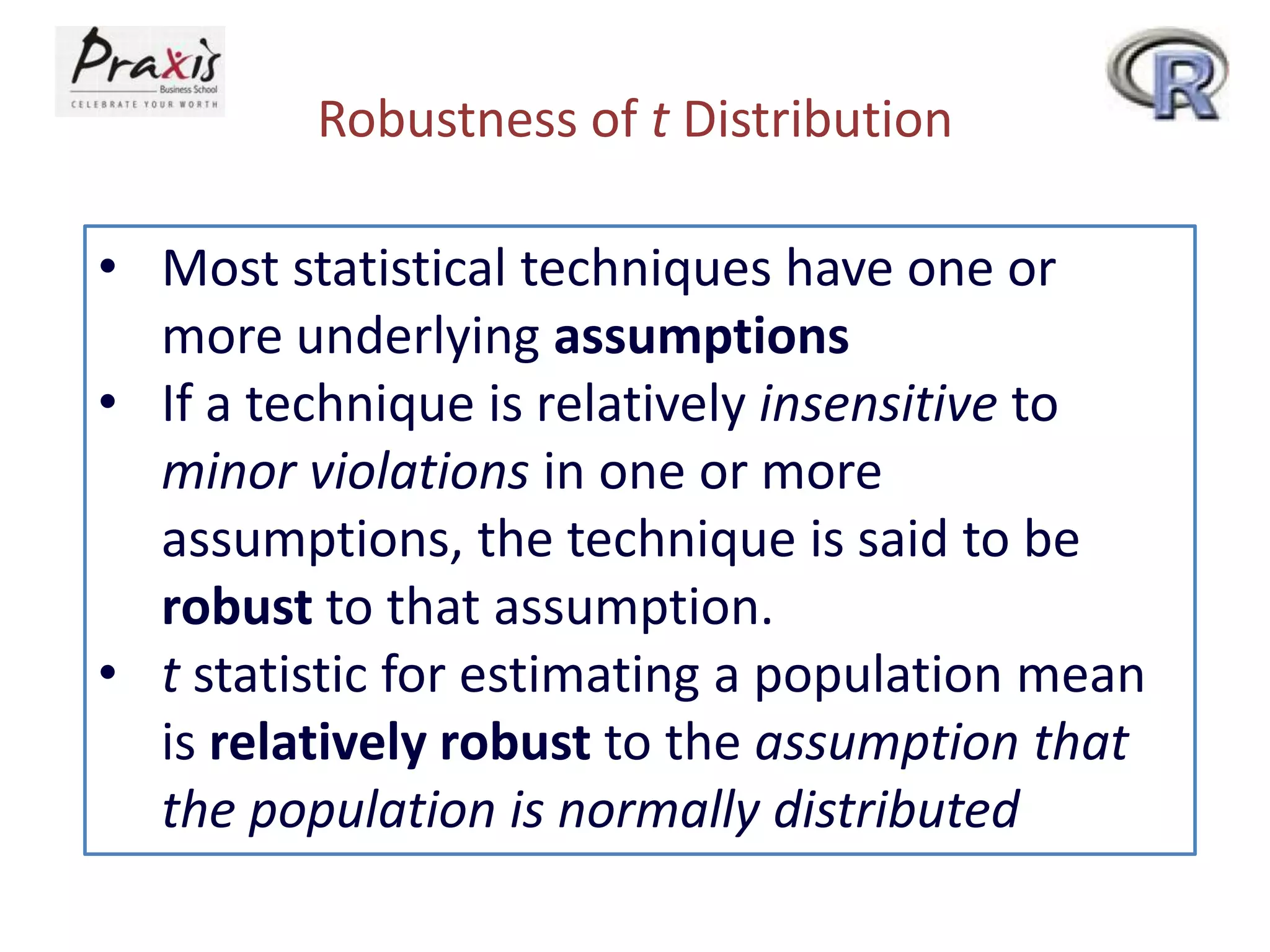Robustness of t Distribution
• Most statistical techniques have one or
more underlying assumptions
• If a technique is relatively insensitive to
minor violations in one or more
assumptions, the technique is said to be
robust to that assumption.
• t statistic for estimating a population mean
is relatively robust to the assumption that
the population is normally distributed

 