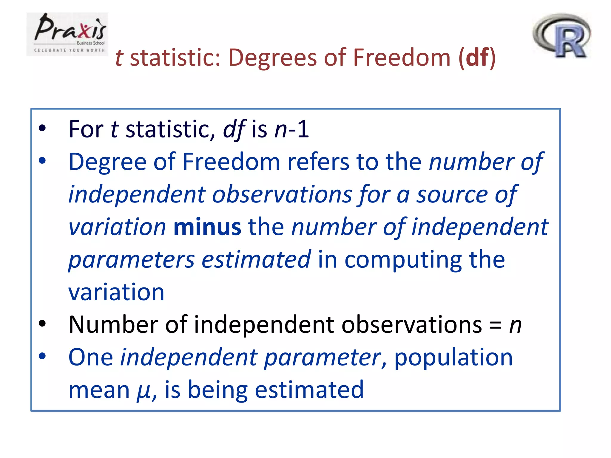 t statistic: Degrees of Freedom (df)
• For t statistic, df is n-1
• Degree of Freedom refers to the number of
independent observations for a source of
variation minus the number of independent
parameters estimated in computing the
variation
• Number of independent observations = n
• One independent parameter, population
mean μ, is being estimated

 