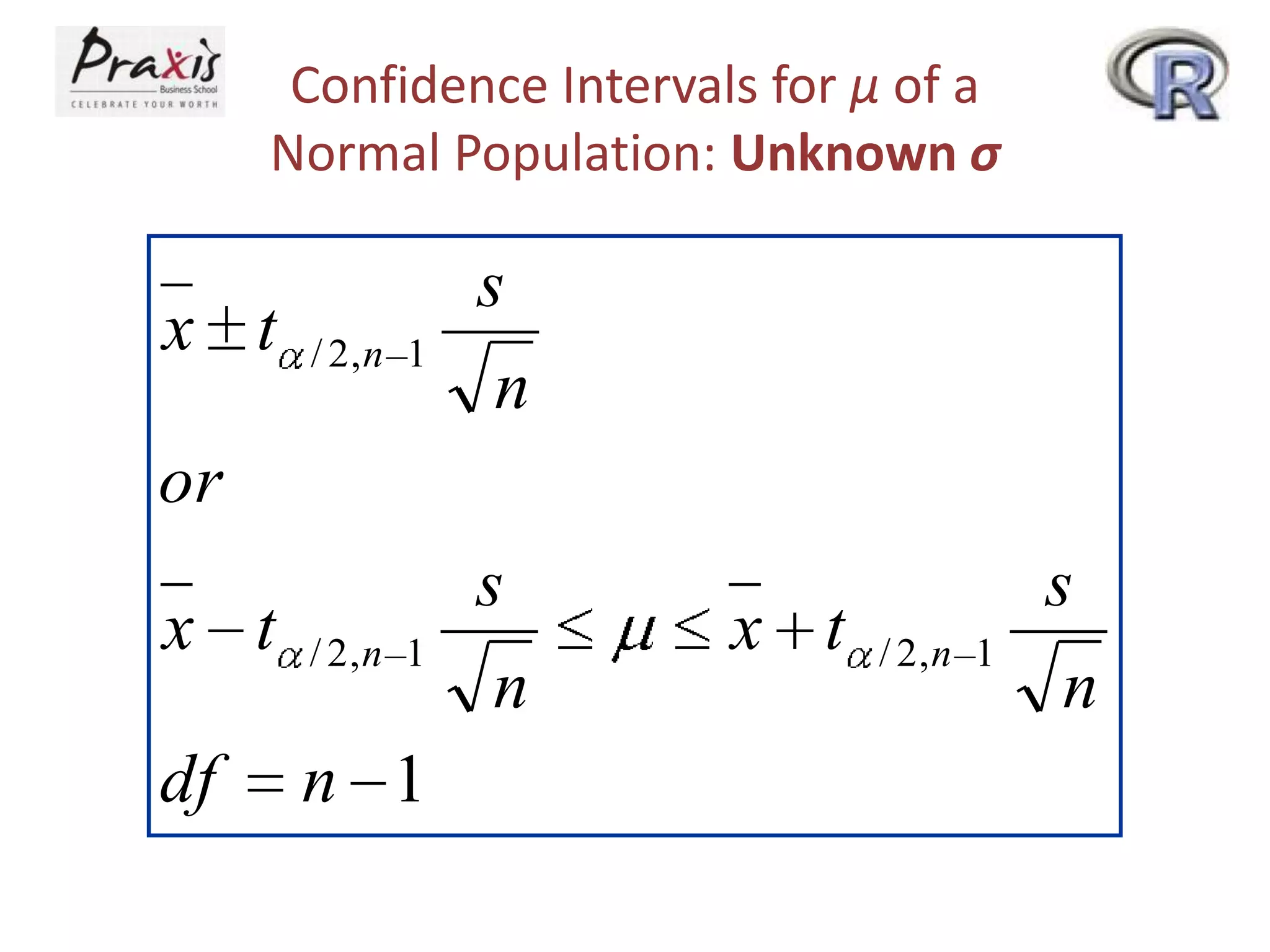Confidence Intervals for μ of a
Normal Population: Unknown σ

/ 2,n 1

s
n

x t

/ 2,n 1

s
n

df

n 1

x t
or

x t

/ 2,n 1

s
n

 
