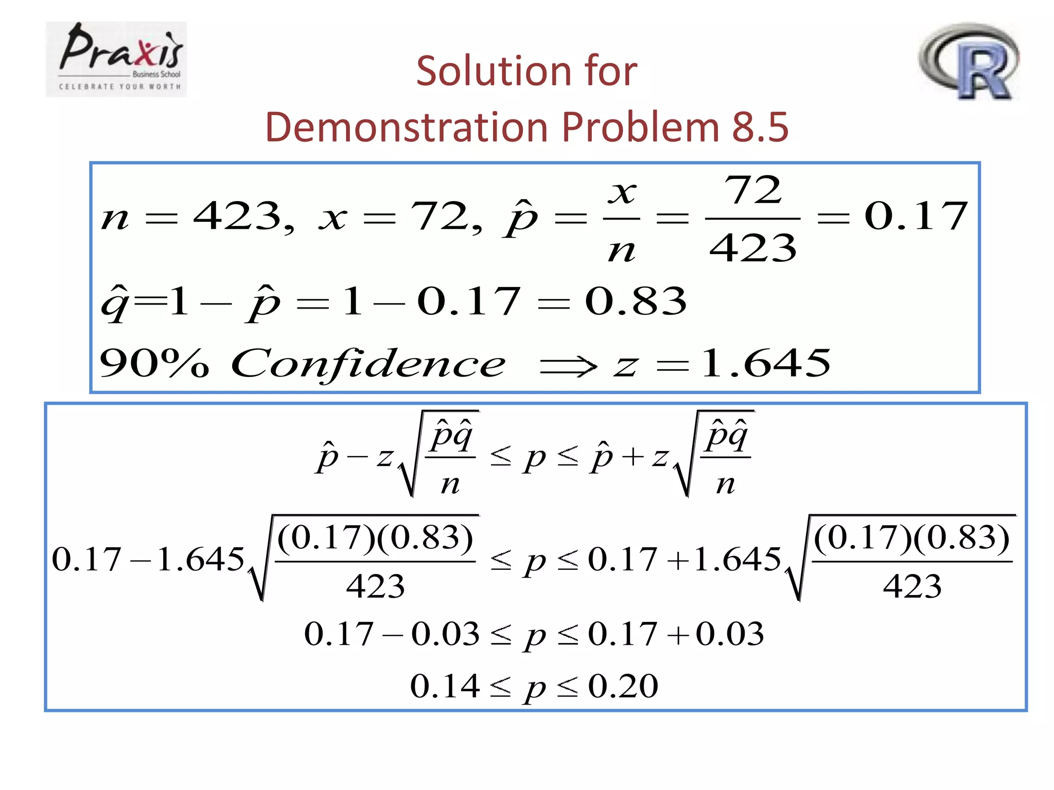Solution for
Demonstration Problem 8.5
n

ˆ
72, p

423, x

ˆ
ˆ
q =1 p 1 0.17
90% Confidence
ˆ
p

z

ˆˆ
pq
n

(0.17)(0.83)
0.17 1.645
423
0.17 0.03
0.14

p
p
p
p

x
72
0.17
n
423
0.83
z 1.645
ˆ
p

z

ˆˆ
pq
n

(0.17)(0.83)
0.17 1.645
423
0.17 0.03
0.20

 