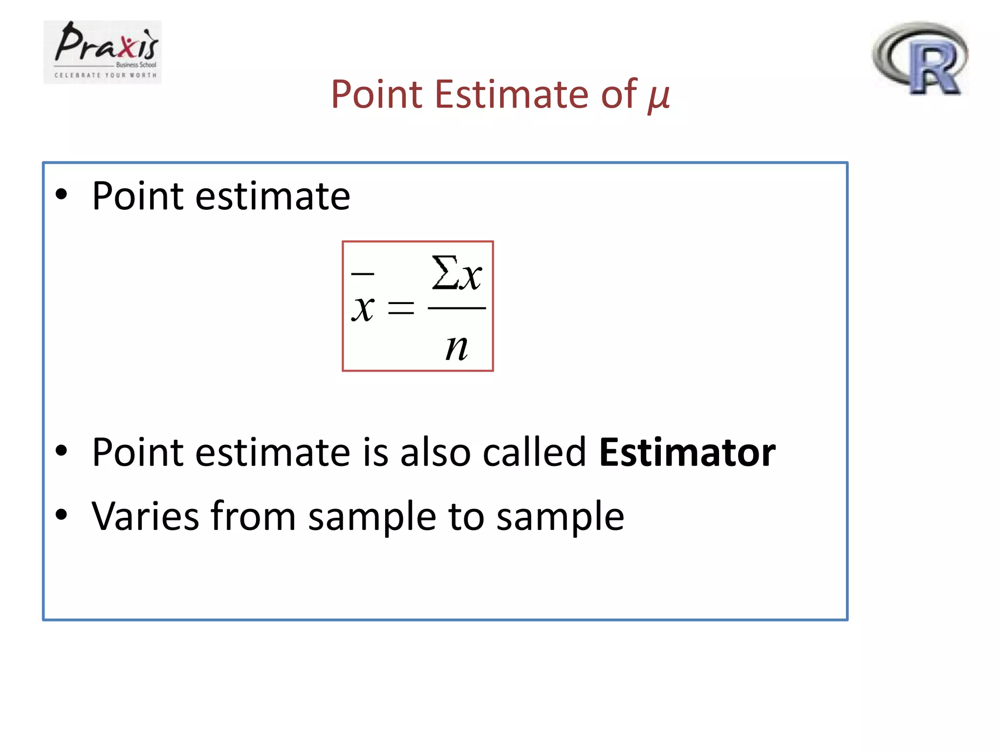 Point Estimate of μ
• Point estimate

x

x
n

• Point estimate is also called Estimator
• Varies from sample to sample

 