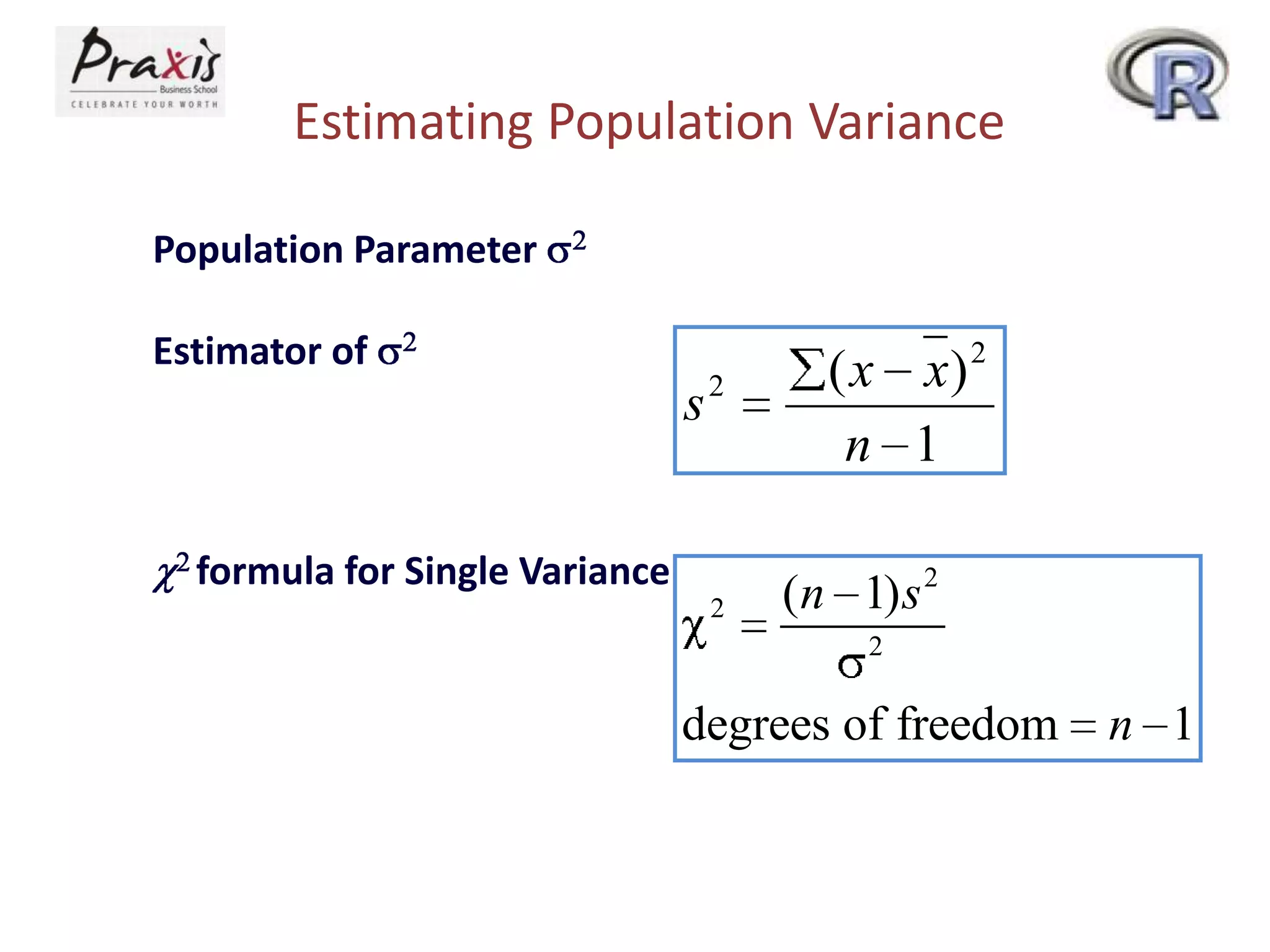 Estimating Population Variance
Population Parameter
Estimator of

s2
formula for Single Variance
2

( x x) 2
n 1
(n 1) s 2
2

degrees of freedom

n 1

 