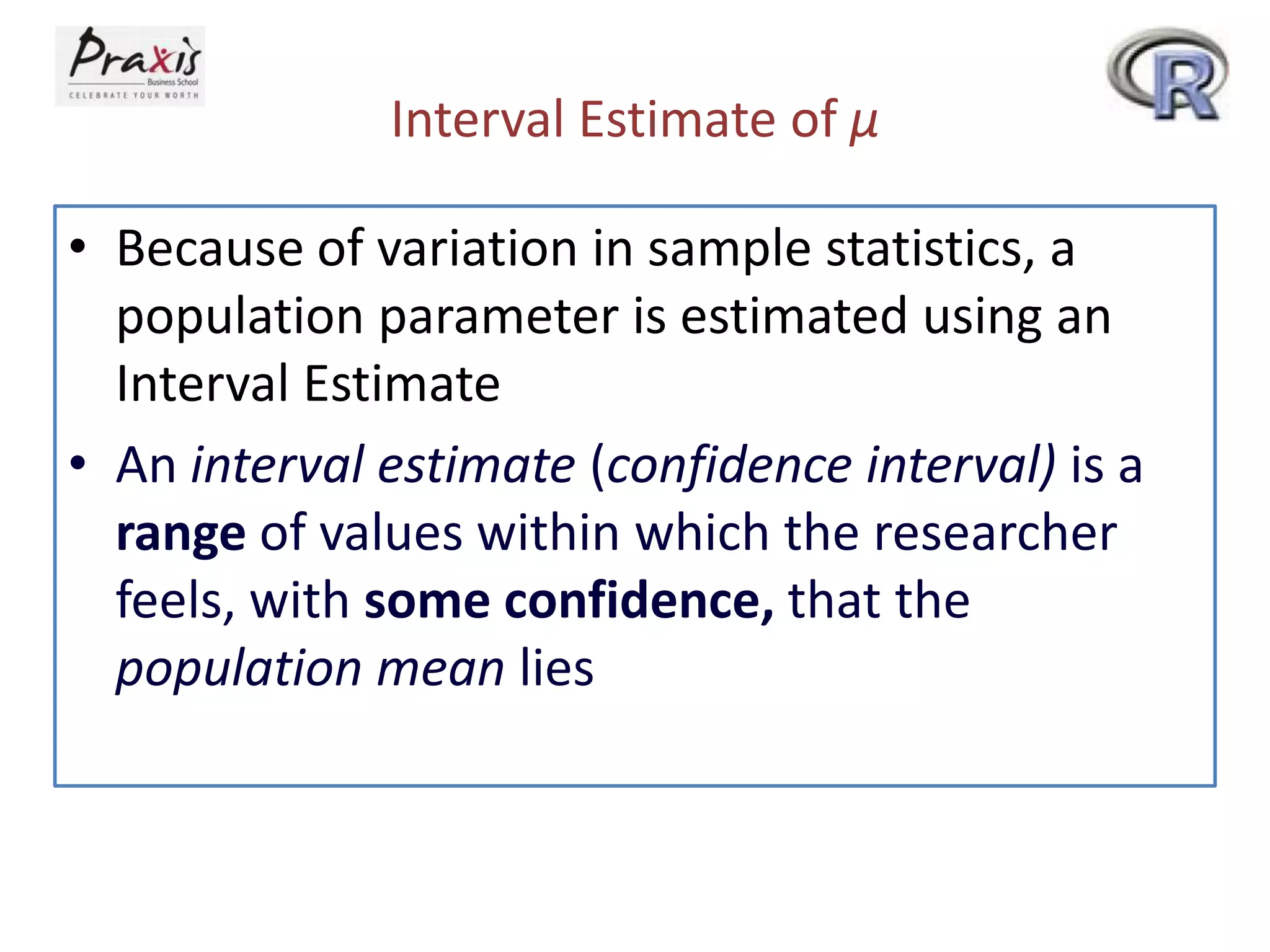 Interval Estimate of μ
• Because of variation in sample statistics, a
population parameter is estimated using an
Interval Estimate
• An interval estimate (confidence interval) is a
range of values within which the researcher
feels, with some confidence, that the
population mean lies

 