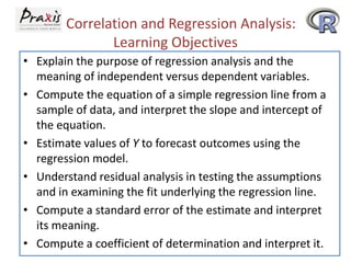 Correlation and Regression Analysis:
Learning Objectives
• Explain the purpose of regression analysis and the
meaning of independent versus dependent variables.
• Compute the equation of a simple regression line from a
sample of data, and interpret the slope and intercept of
the equation.
• Estimate values of Y to forecast outcomes using the
regression model.
• Understand residual analysis in testing the assumptions
and in examining the fit underlying the regression line.
• Compute a standard error of the estimate and interpret
its meaning.
• Compute a coefficient of determination and interpret it.