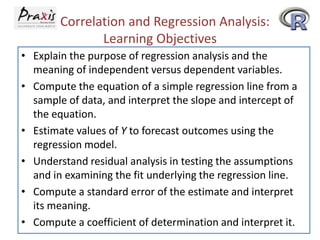 Correlation and Regression Analysis:
Learning Objectives
• Explain the purpose of regression analysis and the
meaning of independent versus dependent variables.
• Compute the equation of a simple regression line from a
sample of data, and interpret the slope and intercept of
the equation.
• Estimate values of Y to forecast outcomes using the
regression model.
• Understand residual analysis in testing the assumptions
and in examining the fit underlying the regression line.
• Compute a standard error of the estimate and interpret
its meaning.
• Compute a coefficient of determination and interpret it.

 