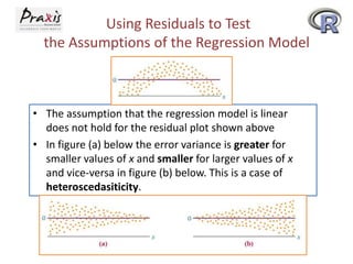 Using Residuals to Test
the Assumptions of the Regression Model

• The assumption that the regression model is linear
does not hold for the residual plot shown above
• In figure (a) below the error variance is greater for
smaller values of x and smaller for larger values of x
and vice-versa in figure (b) below. This is a case of
heteroscedasiticity.

 
