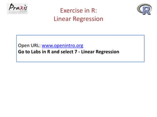 Exercise in R:
Linear Regression

Open URL: www.openintro.org
Go to Labs in R and select 7 - Linear Regression

 